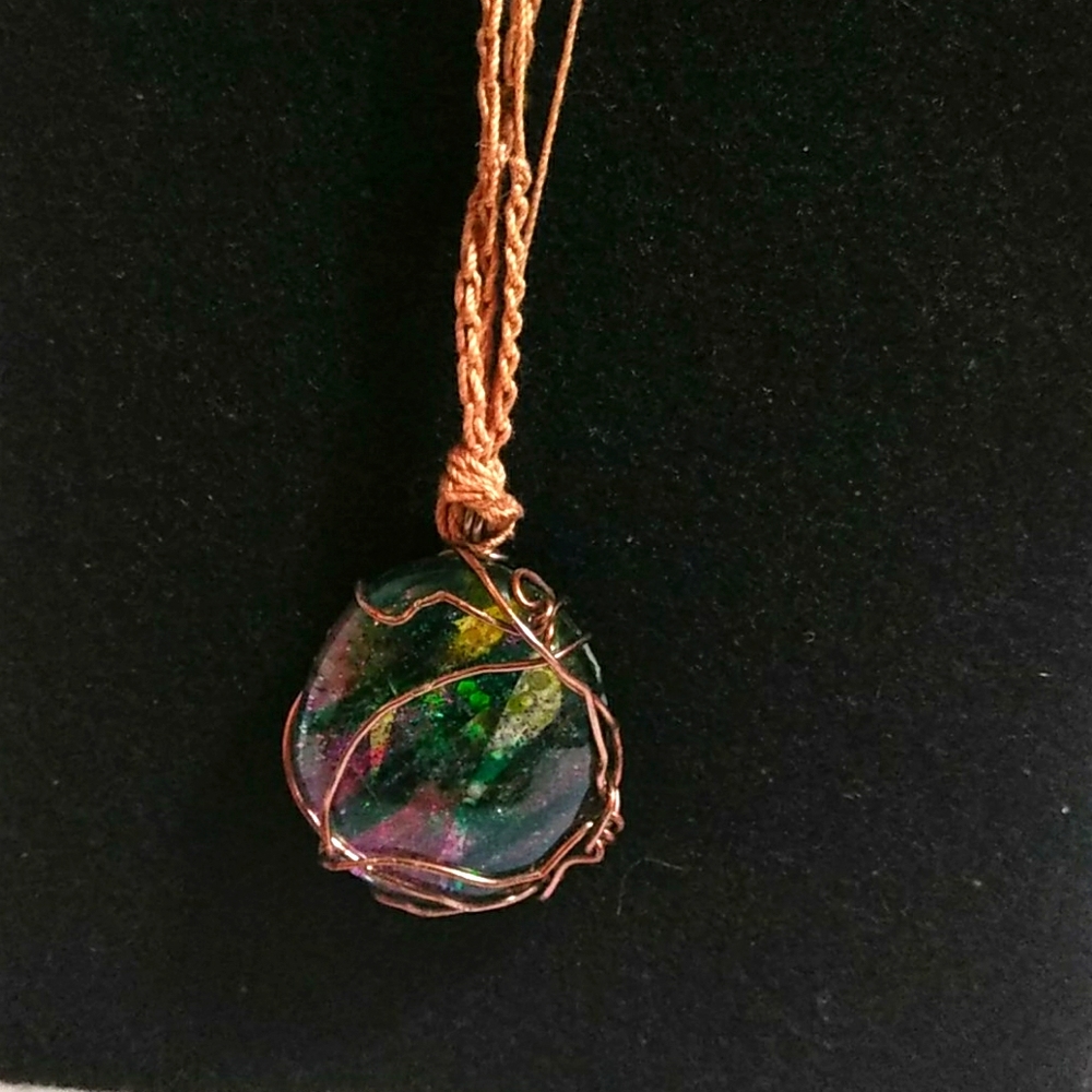 Large glass / wirework handmade pendant
